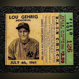 Lou Gehrig 1941 Memorial Rain Check Baseball Card  Mint Condition!!